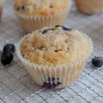 blueberry muffins on rack